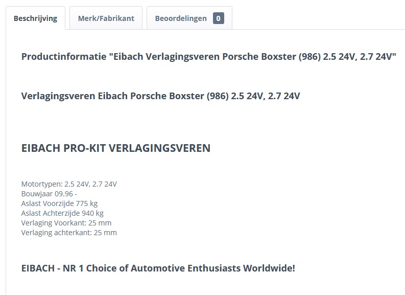#80095 - Eibach Verlagingsveren Porsche Boxster (986) 2.5 24V, 2.7 24V